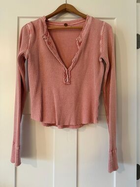 Free People One Colt Thermal Dusty Pink Waffle-Knit Long Sleeve V-Neck Top